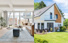 Ein Wohnzimmer links und ein Haus mit Garten rechts